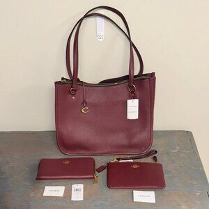 4 Pc COACH Tyler Carryall Purse Wine Burgundy Pebble Leather Zip Wallet Wristlet